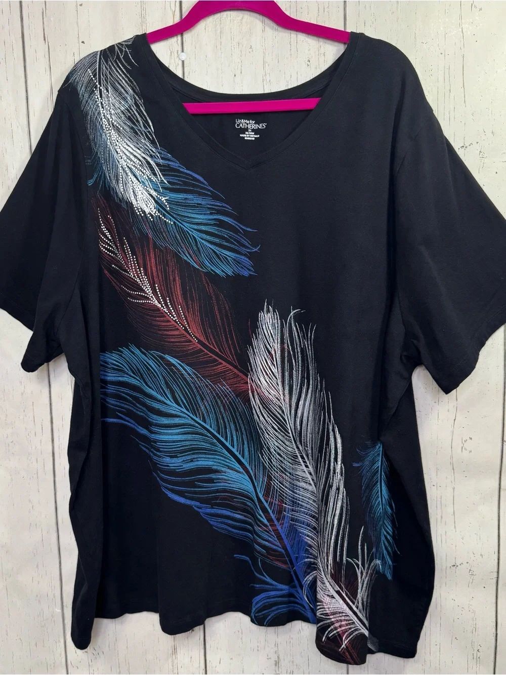 Catherines Black Feather Print V-Neck Top 3X Plus Size Embellished Stretch Tee